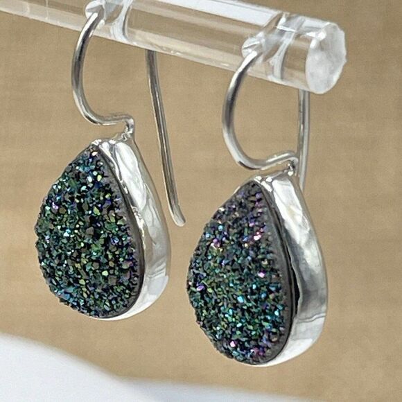 Green Drusy Sterling Silver Earrings Pear Shaped Drop Peacock Himalayan Gems - Picture 3 of 6